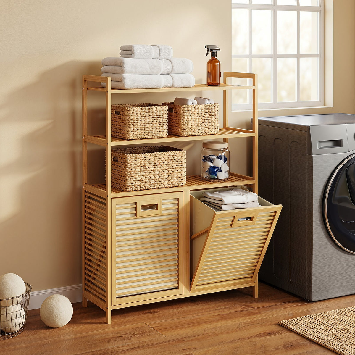 Bamboo Tilt-Out Laundry Hamper Cabinet with 2 Baskets and 3 Shelves – product detail 3