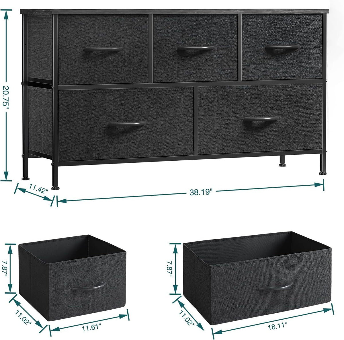 5-Drawer Fabric Dresser with Wood Top, Black Bedroom Storage Chest – product detail 4