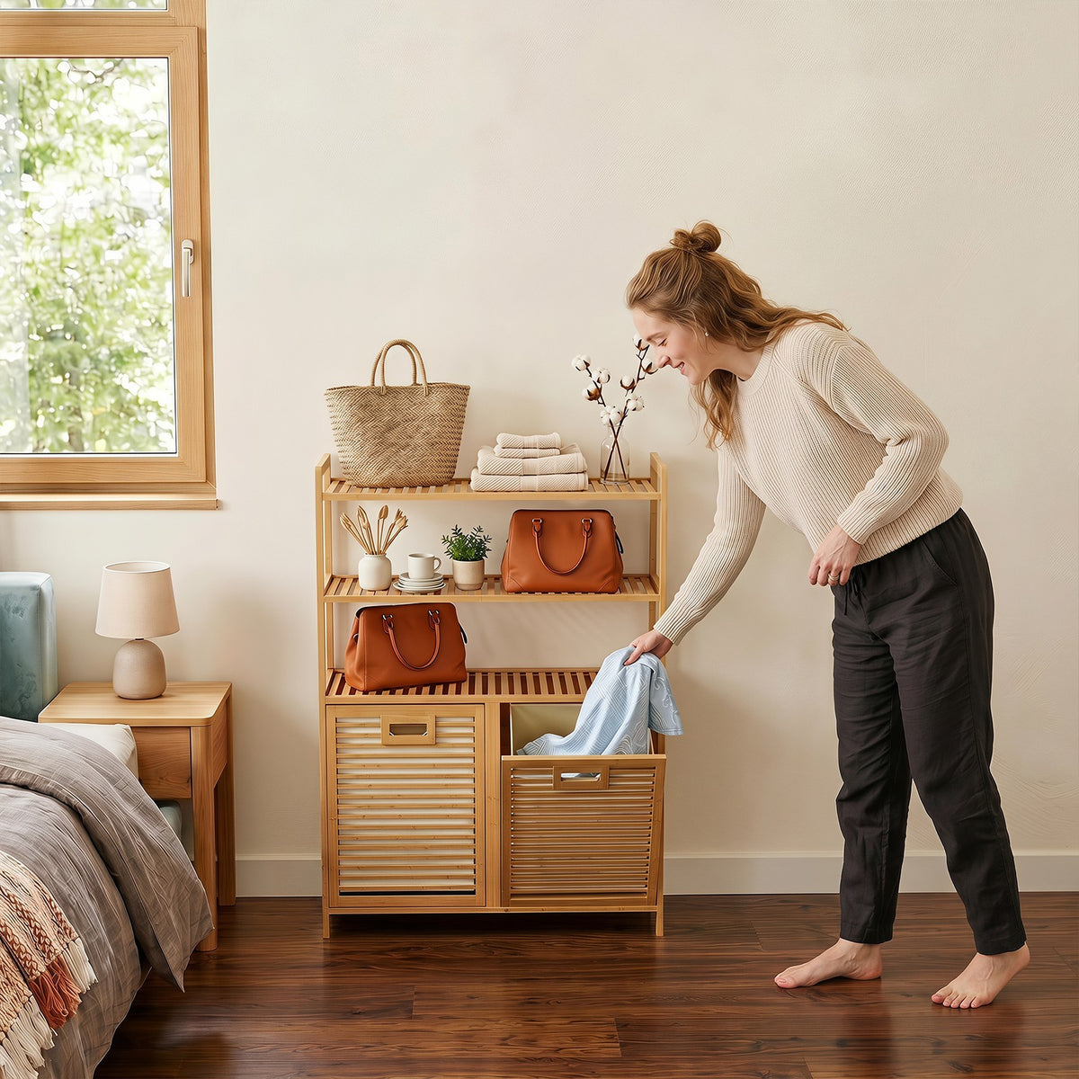 Bamboo Tilt-Out Laundry Hamper Cabinet with 2 Baskets and 3 Shelves – product detail 5